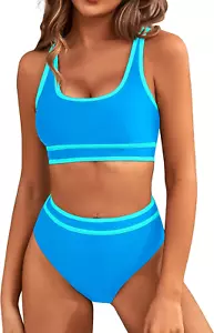 Women'S High Waisted Bikini Sets Sporty Two Piece Swimsuits Color Block Cheeky H - Picture 1 of 12