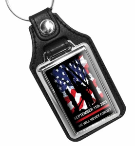 We Will Never Forget Sept 11 Firefighter American Flag Faux Leather Key Ring - Imagen 1 de 3