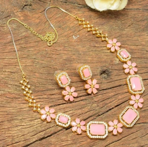Pink Monalisa Statement Necklace Set ,Gold Plated Earring With Necklace , - Picture 1 of 5