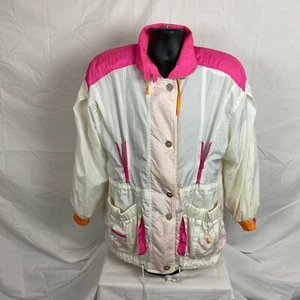 Chaqueta de esquí de nailon de manga larga blanca rosa Andy Johns vintage para mujer talla pequeña - Imagen 1 de 9