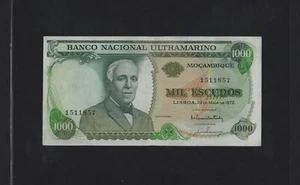 Portugal Mozambique 1000 Escudos 1972 P-115 VF++ NO OVERPRINT RARE - Picture 1 of 2