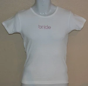 NOVIA Cristal Bling Letters Mujer GORRA SLLEVE BLANCA Algodón TOP CAMISETA S Nueva - Imagen 1 de 1