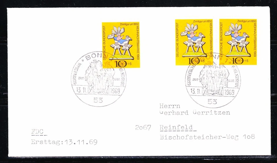 Germany 1969 FDC cover Mi 610 Sc B454 Christmas Toy Three stamps - Image 1 of 1