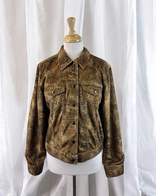 Jaqueta de veludo marrom estampa de leopardo vintage anos 90 chita retrô punk rock tamanho 14 - Imagem 1 de 4