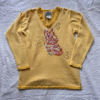 The Quaker Factory Women’s V Neck Yellow Beaded Sequin Butterfly Sweater Sz MD - Image 1 of 4