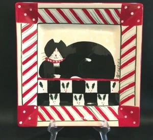 Candy Cane Cat 10" Square Dinner Plate Fiddlestix Christmas Kitty Cat Sakura - Picture 1 of 3