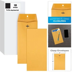 100 Pcs CLASP ENVELOPES 6x9 28lb Kraft Shipping Mailing Gummed Business Manila - Picture 1 of 8