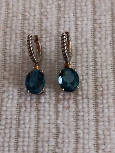 Sterling Silver & 14K YG Accent ~ 6 Ctw Blue Topaz Dangle Hoop Earrings QCD - Picture 1 of 13