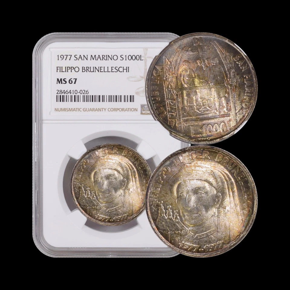 SAN MARINO. 1977, 1000 Lire, Silver - NGC MS67 - Top Pop 🥇 Brunelleschi 🌈 Tone - Image 1 of 4