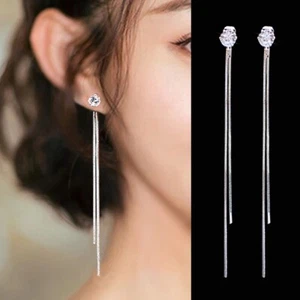 Women 925 Sterling Silver Plated Cubic CZ Long Tassel Drop Thread Earrings E57 - Picture 1 of 3