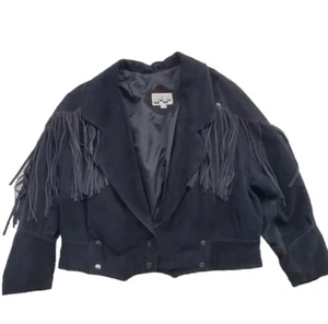 VTG 80s Black Suede Fringe Western Jacket Bohemian Rustic Cowgirl Grunge M - Picture 1 of 10