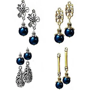 Earrings, navy dark blue pearl drop, STYLE CHOICE, clip on or pierced - Picture 1 of 7
