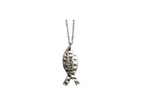 Silvertone Hammered Pattern Fish Shaped I Believe Necklace ~ Gift Idea ~ NEW! - Picture 1 of 2