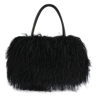 FINILUO Women Fashion New Real Long Lamb Fur/Mongolian Fur And Genuine Leather Handbag