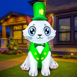 5Ft St. Patrick'S Day Inflatable Outdoor Decoration Blow up Cute Cat Wearing Luc - Picture 1 of 12