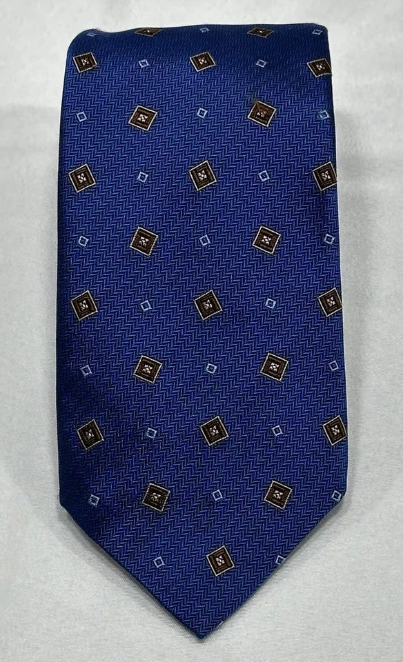 David Donahue 蓝色丝绸几何图案领带编织意大利手工制作美国 — 第 1/4 张图片