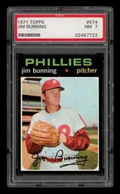 Tarjetas de béisbol 1971 Topps #574 Jim Bunning Salón de la fama Philadelphia Phillies PSA 7 casi nuevo Foto 1 de 2