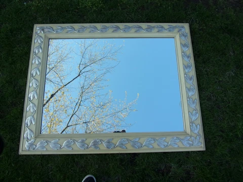 Vtg 37X47" Mirror Wood Yellow Silver Thick frame Draper era 70's Delivery pos Cover