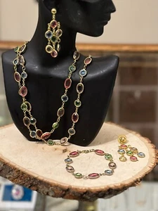Juego de 3 piezas Pendientes de Pulsera de Colección Bisel de Cristal Pastel Facetado en Tono Dorado - Imagen 1 de 7