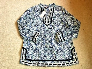 NWT Womens Top-SAINT TROPEZ WEST-blue/white/green Cottagecore tunic lace ls-M - Picture 1 of 6