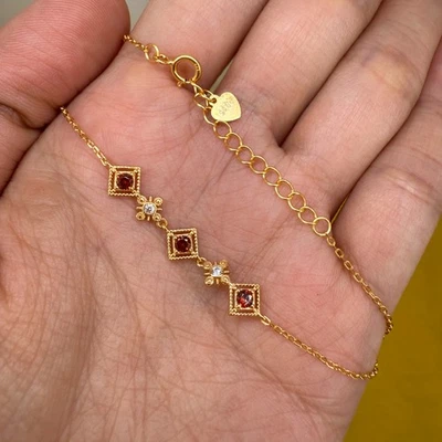 925 Sterling Silver Bracelet 3mm Red Natural Zircon Gemstone Chain Gold Dainty - Image 1 of 4