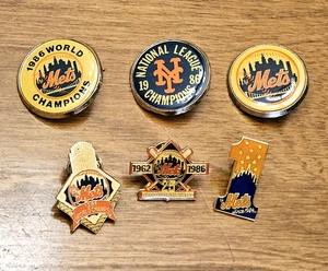 Vintage 1986 New York Mets Pins - World & NL Champs, Anniversary, Souvenier - Picture 1 of 5