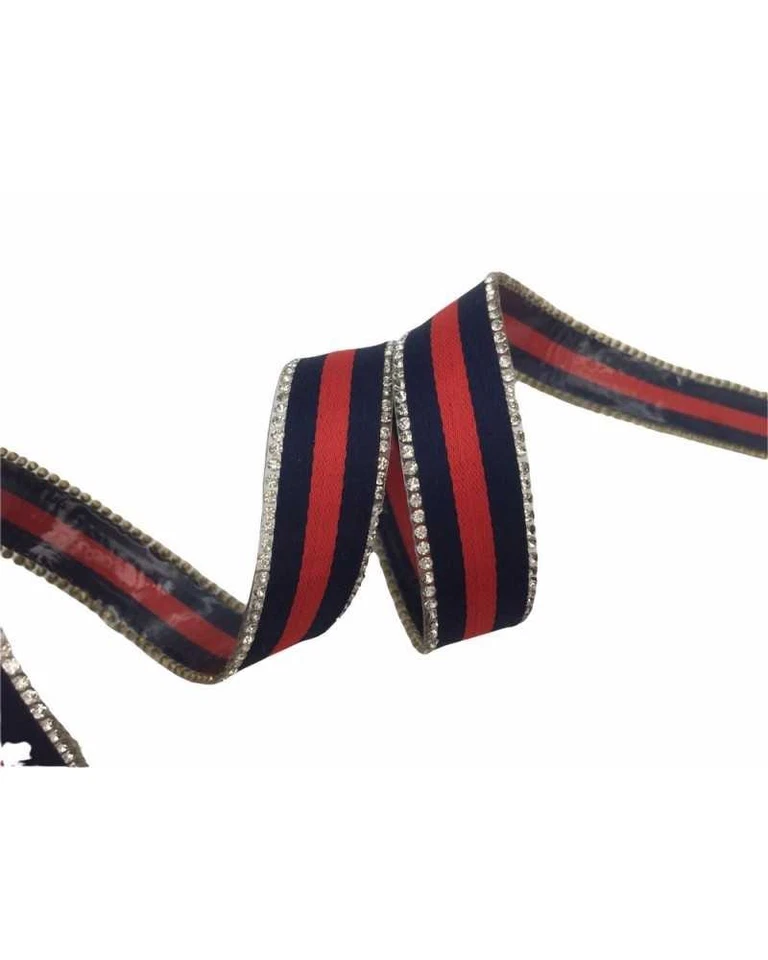 50 Cm Nastro Termoadesivo Rasato Blu Rigato Rosso Strass Laterali Alto 2 Cm 1837 - Immagine 1 di 3