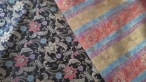 2-Sided Asian Fabric Purple Yellow Blue 2 Yds x 44” - Picture 1 of 3