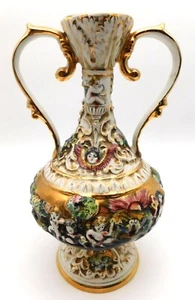 Large Antique Capodimonte Two Handle Vase Italy Gold Dancing Cherub - Picture 1 of 11