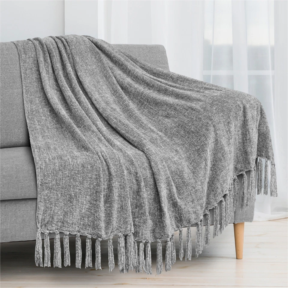 Fluffy Chenille Knitted Throw Blanket Decorative Fringe for Bed Sofa Couch Chair - Image 1 of 1