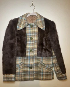 Vintage 70s checked faux fur jacket 8 10 small large collar pockets brown - Picture 1 of 5