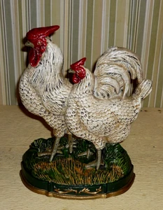 Parada de puerta de gallo y gallina de hierro fundido pintada a mano decoración de granja 11 "5 libras + - Imagen 1 de 6