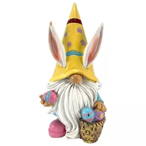 Estatuilla de 4 pulgadas de gnomo de Pascua de pie con orejas de conejo y sombrero amarillo con cesta de huevos - Imagen 1 de 7