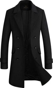 HXW.GJQ Men's Stylish Black Wool Blend Double Breasted Long Pea Coat Sz Med. - Picture 1 of 11