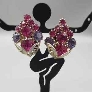 Vintage Weiss Earrings Rhinestone Pink Purple Clip On - Picture 1 of 10