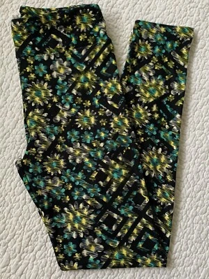 Lularoe Leggings OS Mint Green Yellow Hippie Daisies Black Diamond Trellis VTG - Image 1 of 2