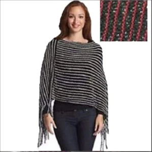 Steve Madden Women’s Two Tone Open Knit V-Neck  Red / Black One Size Poncho - Picture 1 of 3