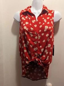 No Boundaries Women's XS Red With Daisies Tie Front Button Down Sleeveless Lace - Picture 1 of 9