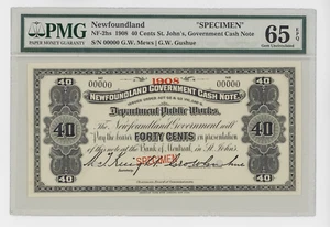 1908 Newfoundland "SPECIMEN" 40 Cents Government Cash Note PMG 65EPQ NF-2hs - Picture 1 of 2