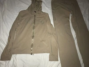 BCBGMAXAZRIA Womens Hooded Drawstring Full Zip Sweat Set Brown Size L Rhinestone - Picture 1 of 12