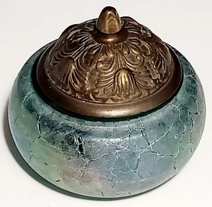 Silvestri Iridescent Green Mouth Blown Crackle Glass Jar w Brass Lid Lidded Vtg - Picture 1 of 17