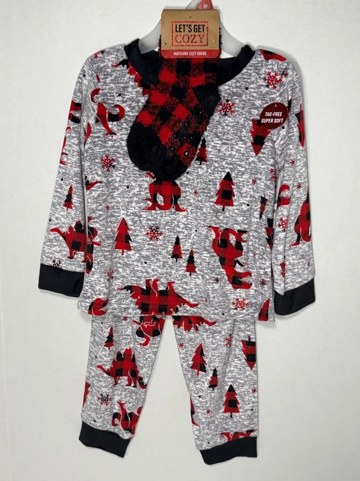 Let's Get Cozy 3T Gris Rojo Dino Dinosaurio Pijama Conjunto Calcetines Cuadros Búfalo Nuevo con Etiquetas Foto 1 de 3