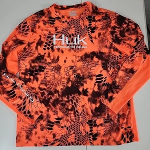 HUK Performance Fishing Shirt Long Sleeve Inferno Orange Mesh Back Mens 2XL (Q8) - Picture 1 of 12