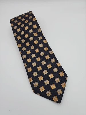 Ermenegildo Zegna Tie Mens Silk Italy Luxury 59" X 3" Black Gold Square Pattern - Image 1 of 4