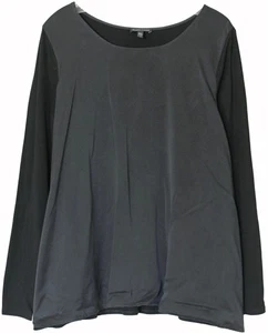 EILEEN FISHER Stretch Silk Charmeuse Panel Contrast Top w Tencel BLACK Sz L LRG - Picture 1 of 3
