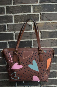 NWT Fossil Jacqueline Hearts Tote Bag ZB1578745 brown blue pink orange - Picture 1 of 6