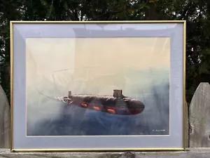 Vintage Framed Watercolor Painting Nautical Naval Submerged Submarine P Sullivan - Picture 1 of 11