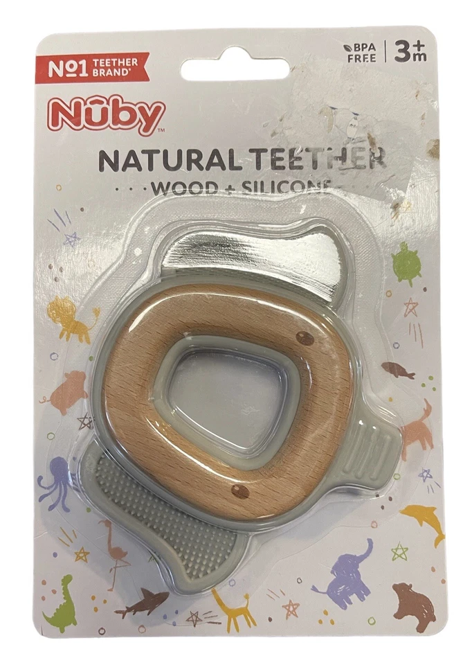 Nuby Natural Wood & Silicone Teether: Elephant, 3M+, Gray - Image 1 of 1