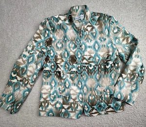 Alfred Dunner Womens Jacket Sz 12 Brown Teal Beige Long Sleeve FullZip Lined EUC - Picture 1 of 14