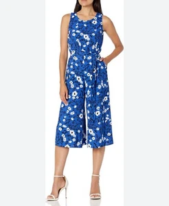 NWT Nine West Womens 14 Blue Floral Wide Leg Crop Jumpsuit Tropical Vacation - Picture 1 of 9